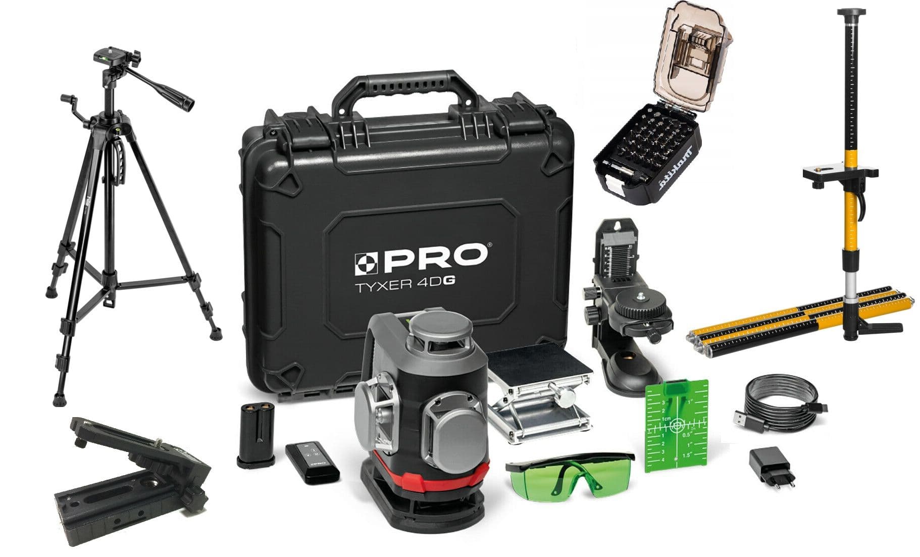 Pro Zestaw Laser TYXER 4DG PLUS + Tyczka 3,3m + Statyw 1,5m + Podstawa do skosów + zestaw bitów Makita - zdjęcie 1