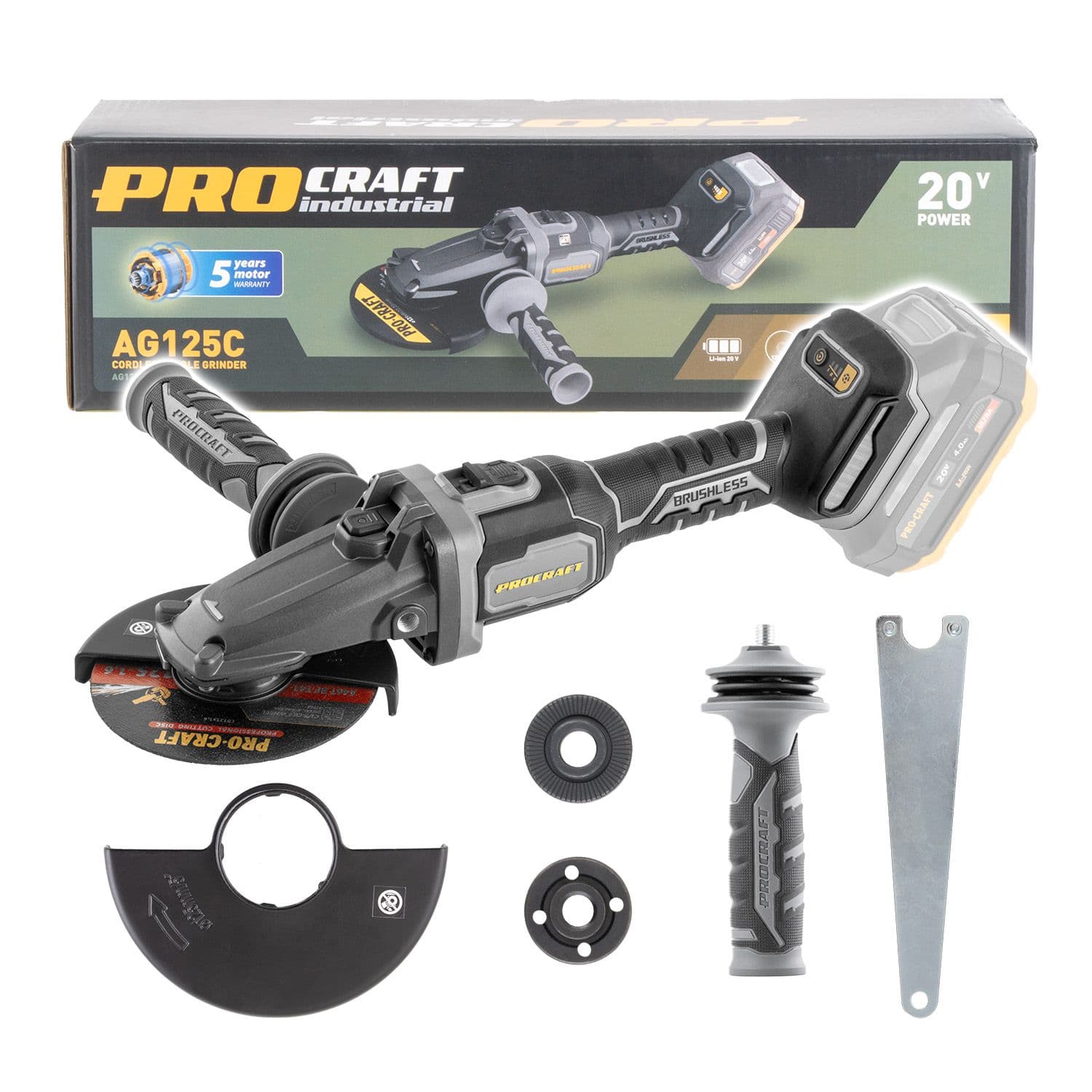 Procraft Industrial Akumulatorowa szlifierka kątowa z głowicą płaską 20V 125mm(bez akumulatora i ładowarki) - zdjęcie 1
