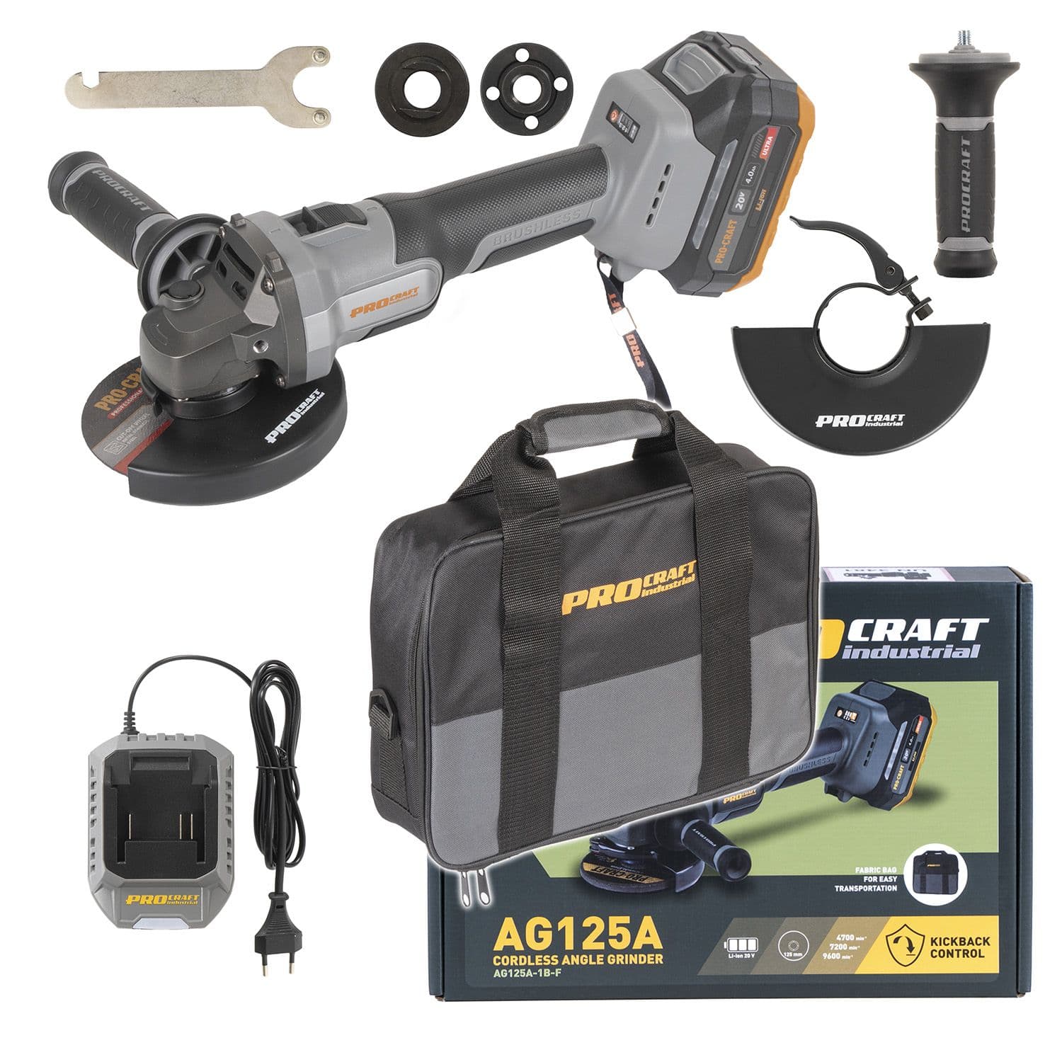 Procraft Industrial Akumulatorowa szlifierka kątowa 125mm 20v +akumulator 4,0Ah + ładowarka - zdjęcie 1