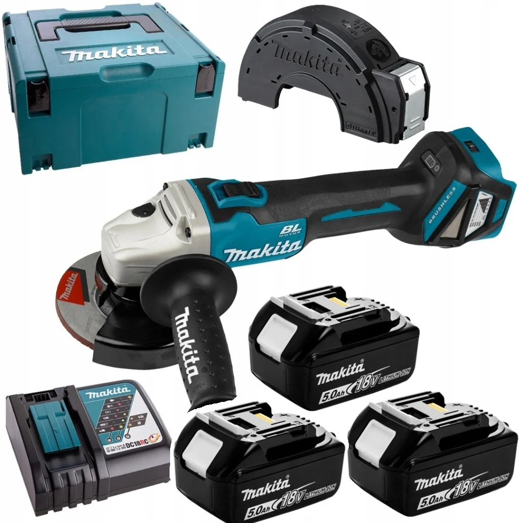 Makita Szlifierka kątowa 125mm 18V z regulacją obrotów + 3 aku 5,0Ah + ładowarka+ makpac